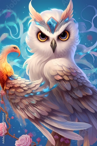 Cute and adorable fantasy owl, Bird-of-Paradise, sparrow, full body, shiny metallic jeweled depth, glowing smoke neon eyes, hoarfrost metal lace, fantasy, sunlight, sunbeam, intricate detail. 8k, drea