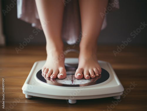 Legs of a woman in a dress standing on scales on a wooden floor, weight control. close-up. The concept of a healthy lifestyle and proper nutrition.