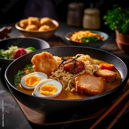 Northern Style Curried Noodle Soup with Chicken, khaao saawy gai, Khao Soi served in a blue cave. on a white table in thailand . photo