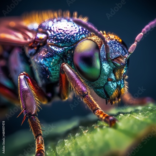 a close up of a insect sitting on a flower with its eyes closed and head turned to the side, a close up of a fly insect Generative AI © Michel 