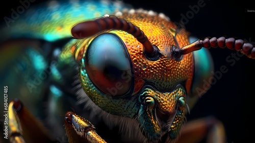a close up of a insect sitting on a flower with its eyes closed and head turned to the side, a close up of a fly insect Generative AI photo