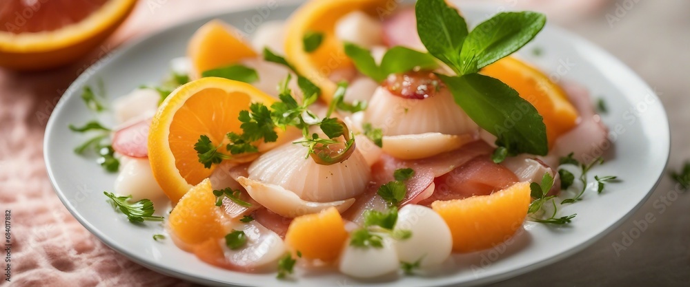 A refreshing plate of citrus ceviche, with thinly sliced scallops, oranges, and grapefruits