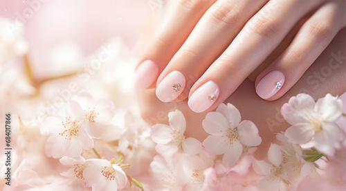 female hand with pink painted nails on a background of blooming cherry flowers. the nail extension procedure in a beauty salon. Professional hand care.