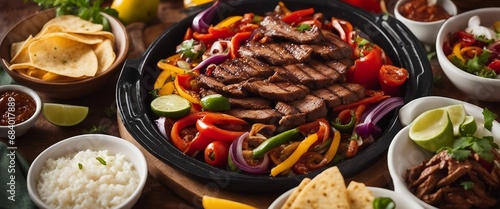 A sizzling fajita platter with grilled steak strips, peppers, onions, and warm tortillas on the side