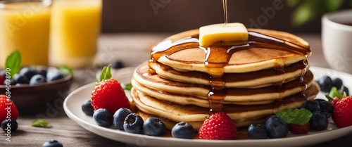 A stack of fluffy pancakes drizzled with maple syrup and a pat of butter, with fresh berries  photo