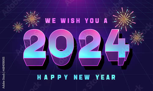 Vector Happy new year 2024 background with retro arcade geometric 3d block blue and purple text and explosion of fireworks. For seasonal holiday web banners, flyers and festive posters