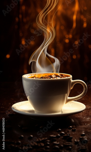 Delicious fresh festive cup of coffee with smoke in a ceramic cup  mug with copy space for text