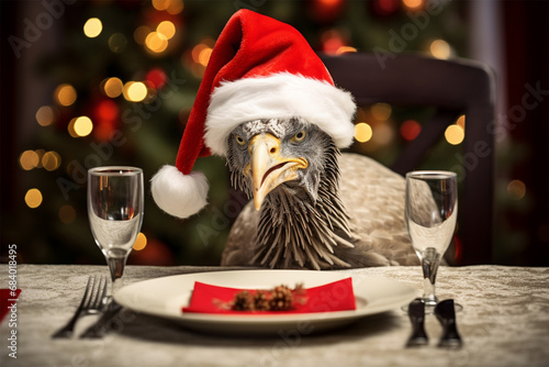 Close-up of a bird wearing a Santa hat at a set table with a tablecloth and Christmas bokeh in the background. photo