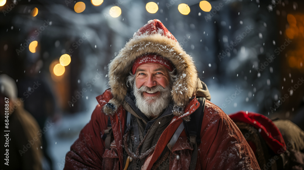 Old man who looks like Santa Claus in the snow scenery Smiling at the Camera. Lumberjack style santa claus wearing a red hooded jacket. Bokeh background. Old man who looks like Santa Claus in the snow scenery Smiling at the Camera. Lumberjack style santa claus wearing a red hooded jacket. Bokeh background.