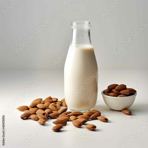 A bottle of almond milk next to a bowl of almonds