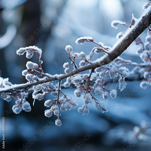 Autumn winter background. Beautiful frozen branch with white and dead leaves in the forest. (Generative AI)