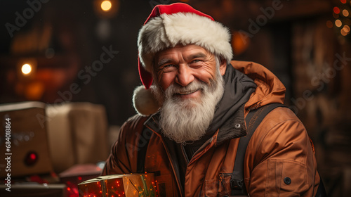Old man who looks like Santa Claus wearing a Santa hat on holding a gift and smiling at the camera. Lumberjack-style Santa Claus wearing a red jacket. Bokeh background.