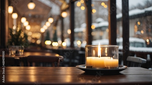 Foto Lighting a candle on an outdoor table of a restaurant in winter, cozy atmosphere