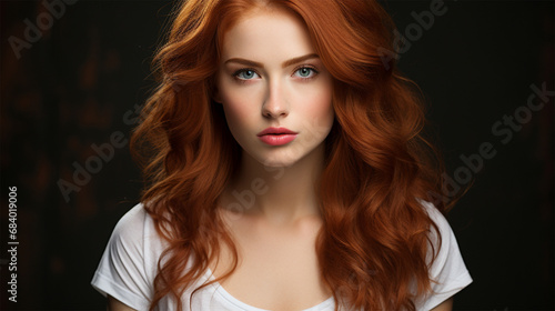 Beautiful young woman with long red hair on a black background. Hair care, hair coloring. 