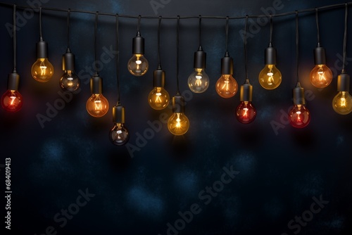 Christmas light string with colorful bulbs, adorning dark navy background. New Year's and Christmas minimal concept.
