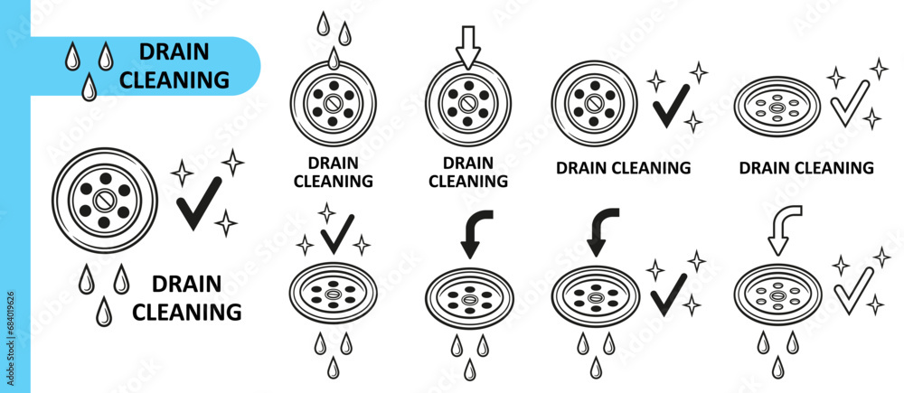 Sink drain hole cleaning, water sewage plumbing pipe, clean clogged sewer line icon set. Liquid chemical cleaner for sewerage pipeline in kitchen, bathroom. Wash bath or shower drainage tube. Vector - obrazy, fototapety, plakaty 