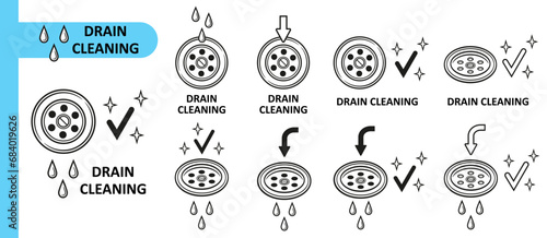 Sink drain hole cleaning, water sewage plumbing pipe, clean clogged sewer line icon set. Liquid chemical cleaner for sewerage pipeline in kitchen, bathroom. Wash bath or shower drainage tube. Vector photo