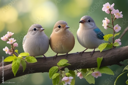 Three birds sitting on a branch with flowers in the background.