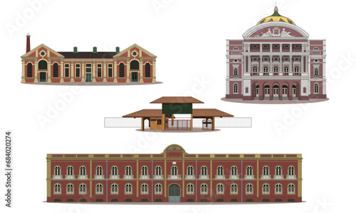 Vector set of famous landmarks of the city of Manaus, Amazonas, Brazil. This vector set includes the Amazonas theater, a famous Amazonas museum, the Provincial's mansion and the chimney power museum
