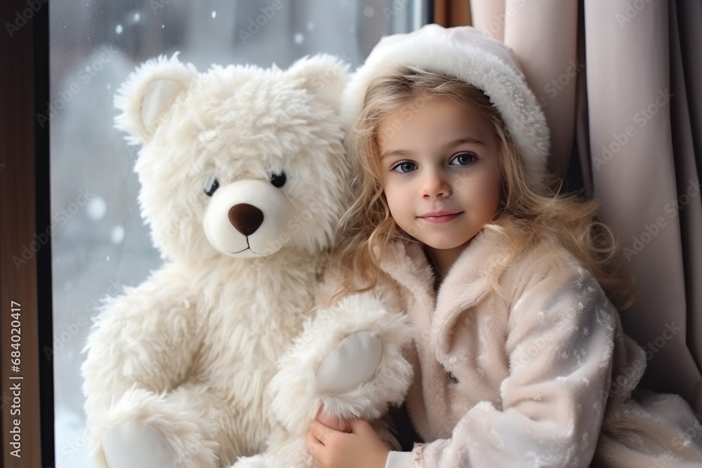 Girl in winter clothes hugging a teddy bear by the window Girl in winter clothes hugging a teddy bear by the window