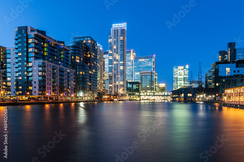 View of Canary Wharf fiancial district from Docklands in Isle of Dogs, London