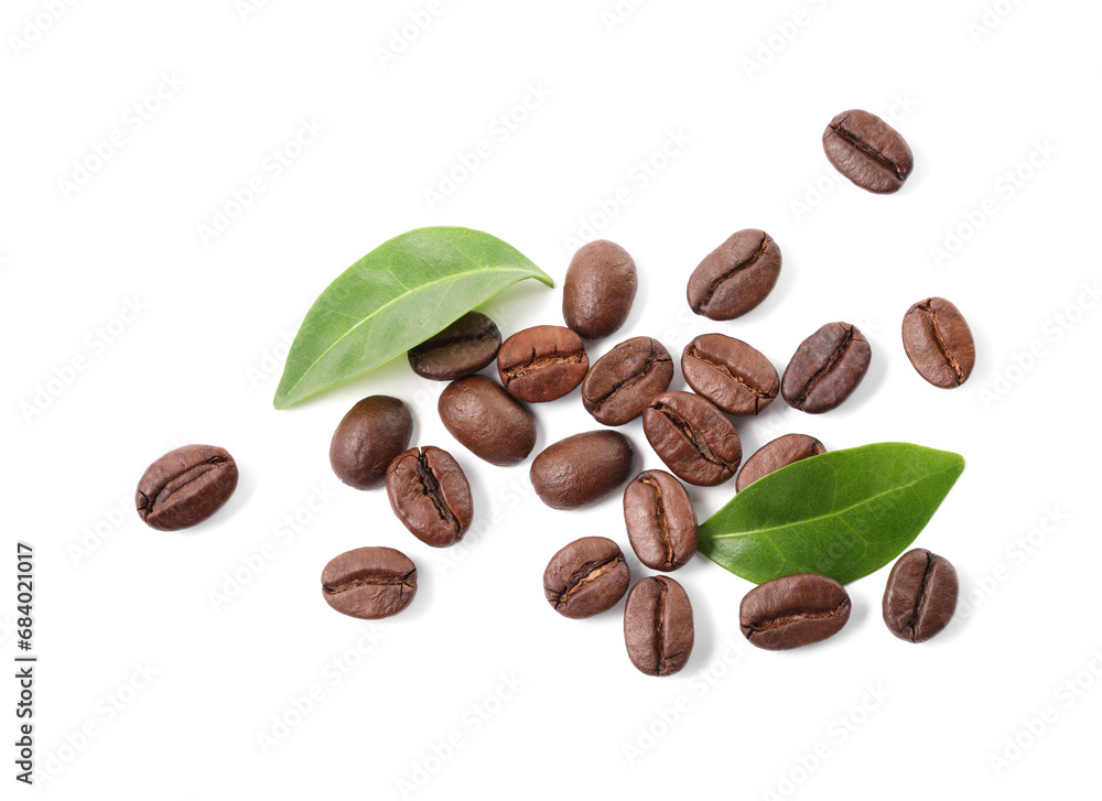 Roasted coffee beans and leaves isolated on white, top view Roasted coffee beans and leaves isolated on white, top view