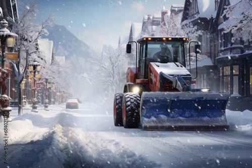 A snowplow clears the street of snow in an urban winter setting during a snowfall