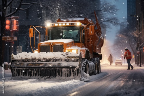 A snowplow clears the street of snow in an urban winter setting during a snowfall
