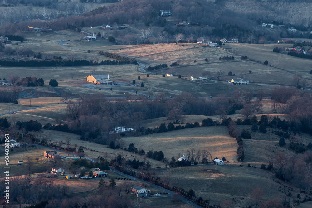 Aerial view of Shenandoah Valley, Virginia at sunset during winter  