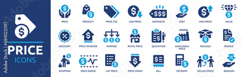 Price icon set. Containing product, price tag, cost, quotation, invoice, estimate, discount and more. Solid vector icons collection. photo