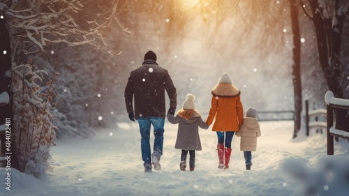 Happy family Father, mother and children are having fun and playing on snowy winter walk in nature. comeliness