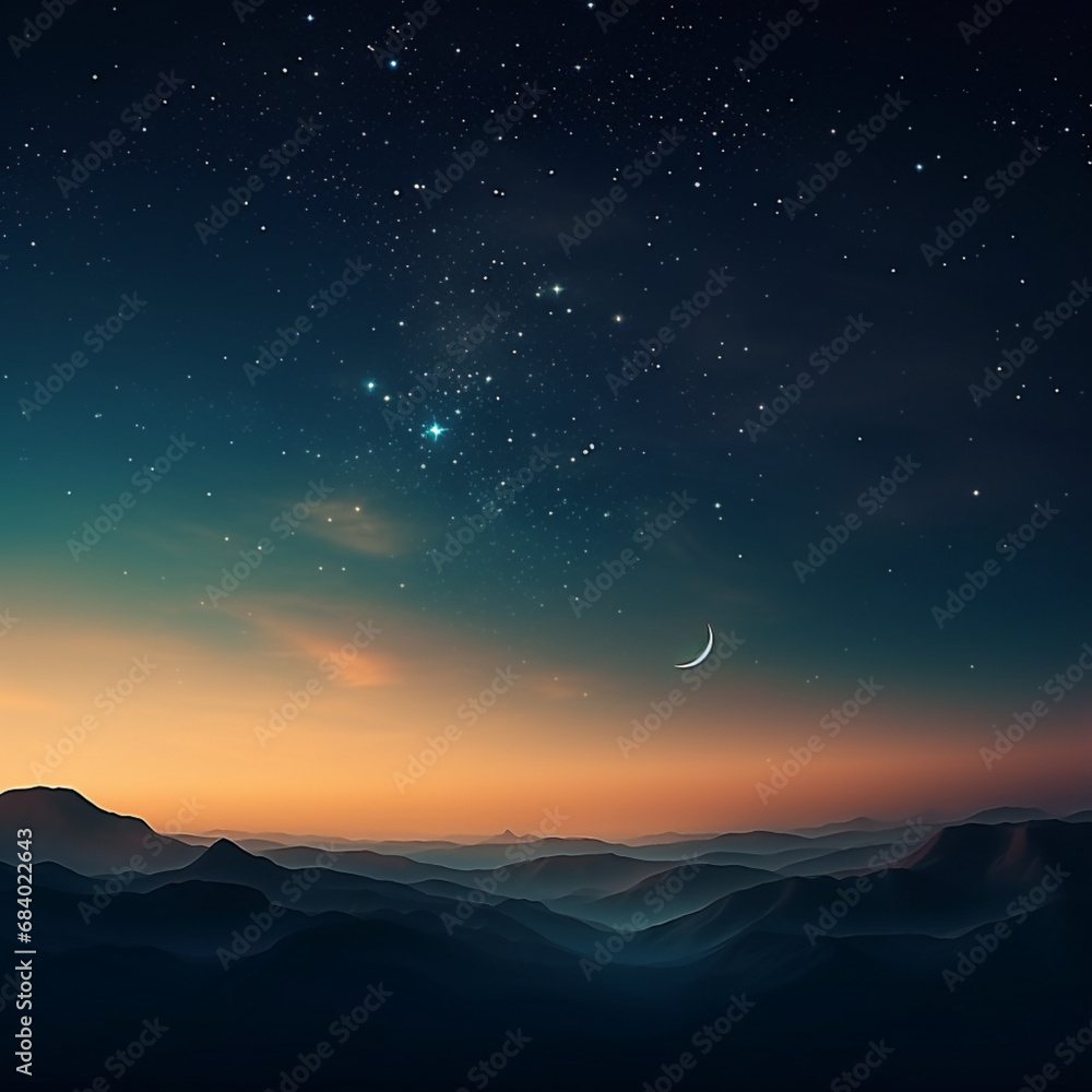 a crescent and moon on the galaxy night sky background, in the style of minimalist colors, light emerald and light amber