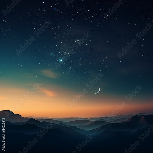 a crescent and moon on the galaxy night sky background, in the style of minimalist colors, light emerald and light amber © Avalga