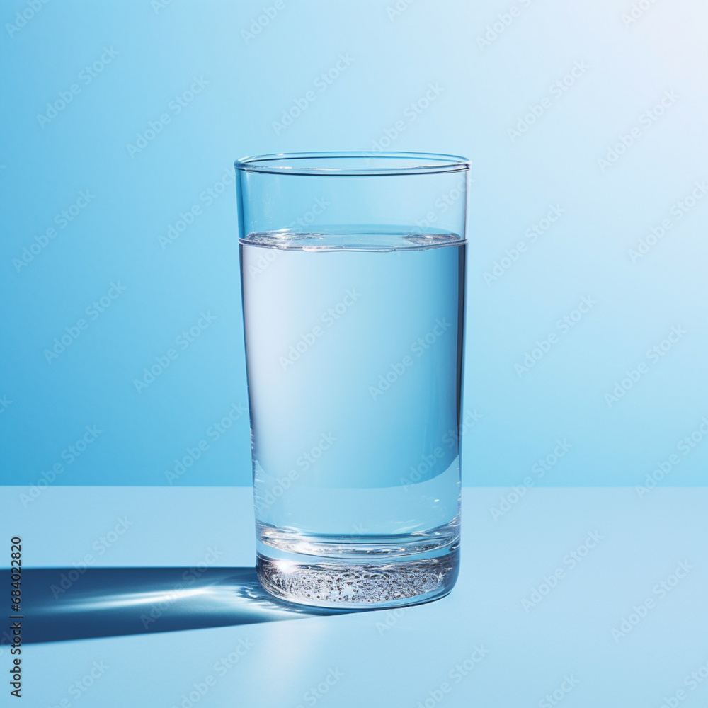 A glass of water accompanied by a blue background, in the style of stark minimalism A glass of water accompanied by a blue background, in the style of stark minimalism