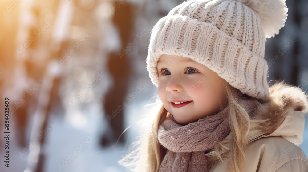 A little blonde girl threw snow into the air in a warm hat. In winter and wear a scarf. The background is a pine forest covered with snow, warm sunlight. A little blonde girl threw snow into the air in a warm hat. In winter and wear a scarf. The background is a pine forest covered with snow, warm sunlight.