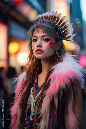 Asian Fashion Model, Futuristic Fashion, Street Photo, Carnival Costume, Night, City Lights, Celebrate, glittering, bokeh, depth of field, beautiful portrait shot, urban fashion, tokyo, Japan, China © Miriam