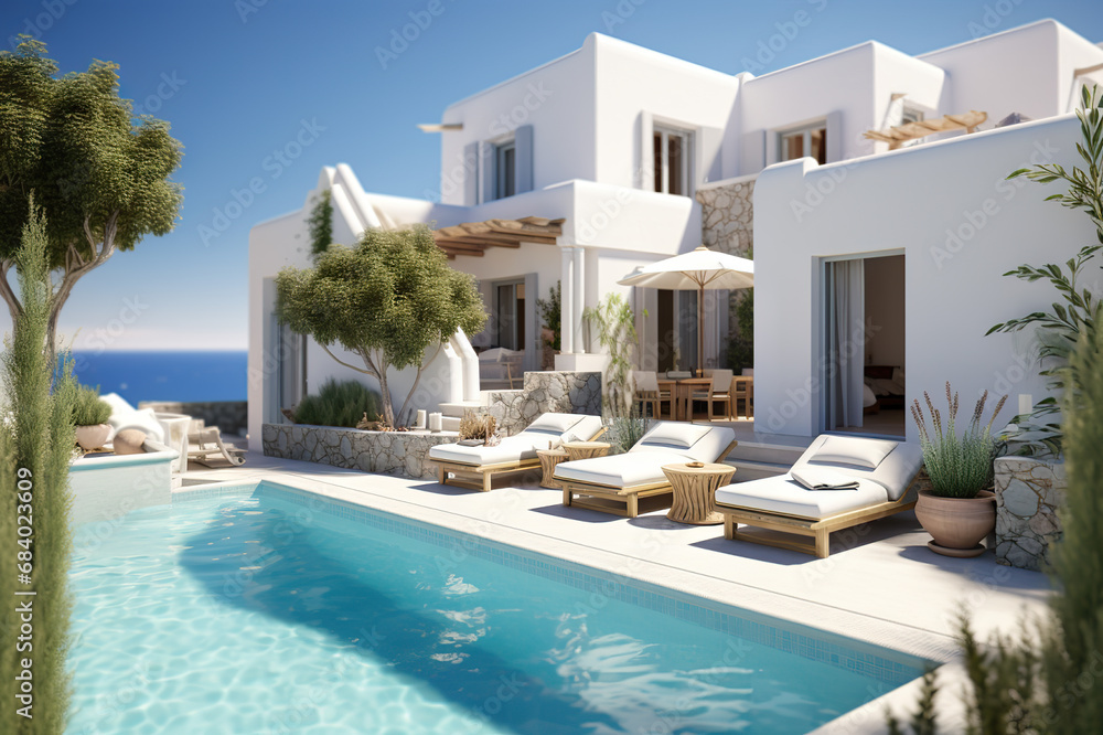 Summertime Serenity Traditional Mediterranean House, White Stucco Wall, and Inviting Swimming Pool - Perfect Summer Vacation Getaway. created with Generative AI