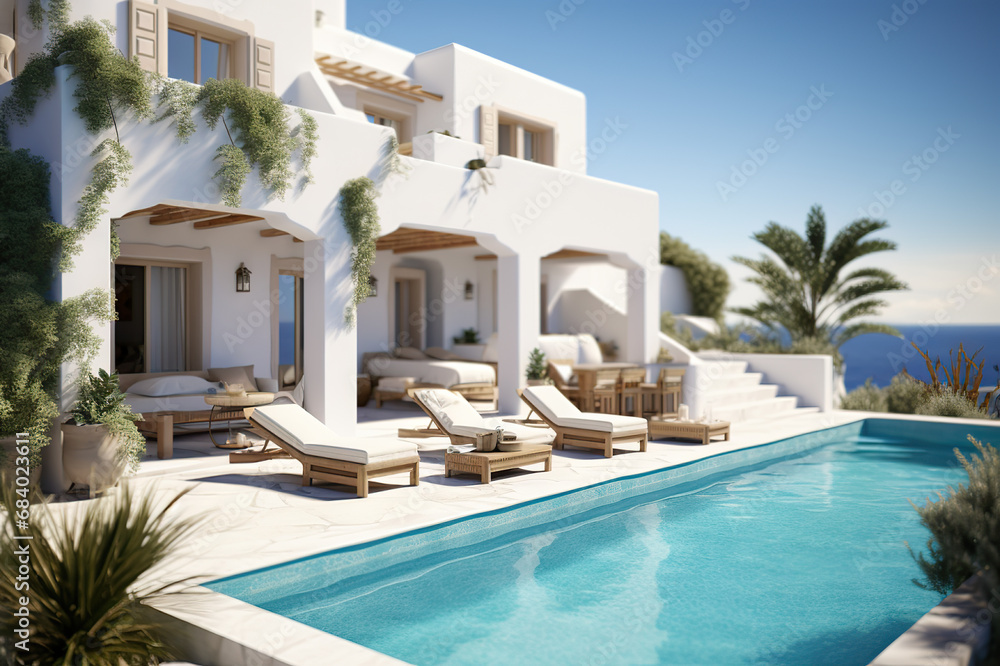 Summertime Serenity Traditional Mediterranean House, White Stucco Wall, and Inviting Swimming Pool - Perfect Summer Vacation Getaway. created with Generative AI