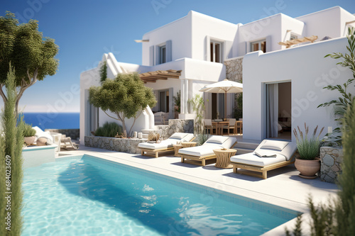 Summertime Serenity Traditional Mediterranean House  White Stucco Wall  and Inviting Swimming Pool - Perfect Summer Vacation Getaway. created with Generative AI