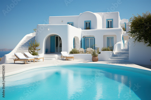 Summertime Serenity Traditional Mediterranean House, White Stucco Wall, and Inviting Swimming Pool - Perfect Summer Vacation Getaway. created with Generative AI © Amornrat