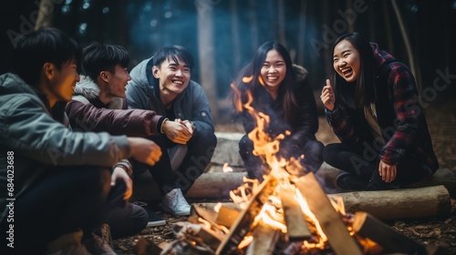 A diverse group of Asian youths having fun  laughing and bonding around a campfire. Collect friendships and fun during camping adventures in misty forests and lakes.