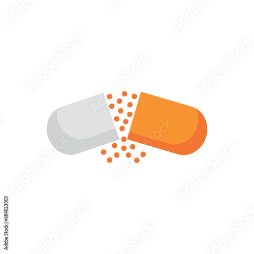 Broken capsule with medication on white background