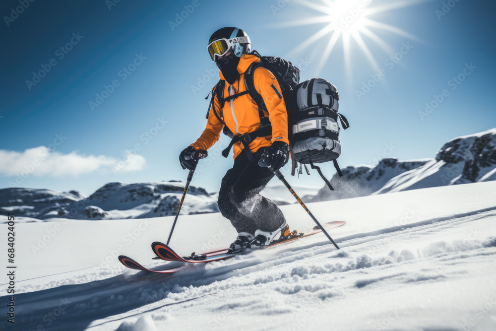 skier jumping in the snow mountains on the slope with his ski and professional equipment on a sunny day