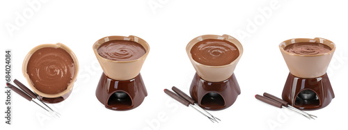 Fondue pot with chocolate and forks isolated on white, set