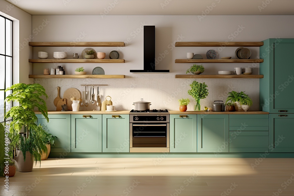 Fototapeta premium Simplicity in Green Minimal Kitchen Interior Design for Contemporary Living. created with Generative AI