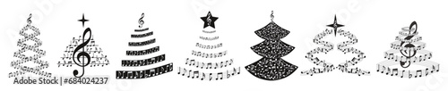 Set of Christmas trees made of music note signs on white background
