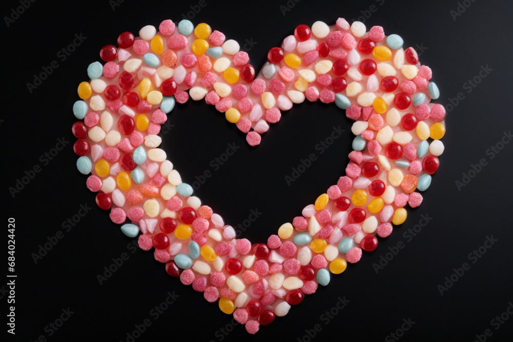 Full heart shape made of beautiful colorful candies. on a black background