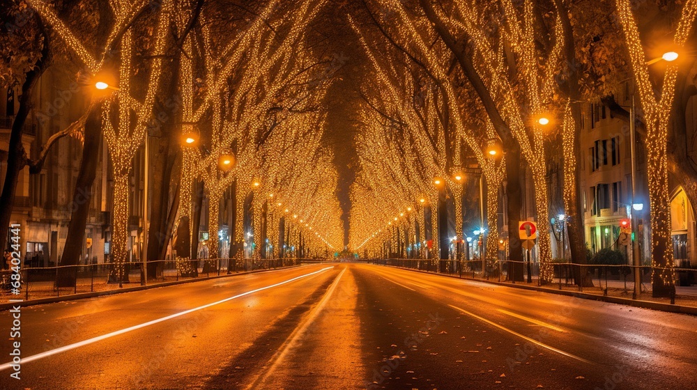 Decorated road on new year evening 