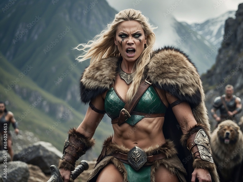 Obraz premium Fierce Barbarian Woman Yelling in Battle Cry