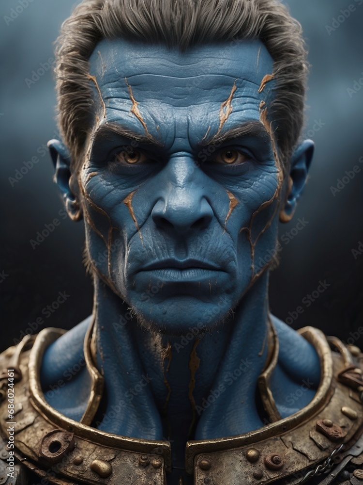 Blue-Skinned Warrior with Lightning Marks Close-Up Portrait